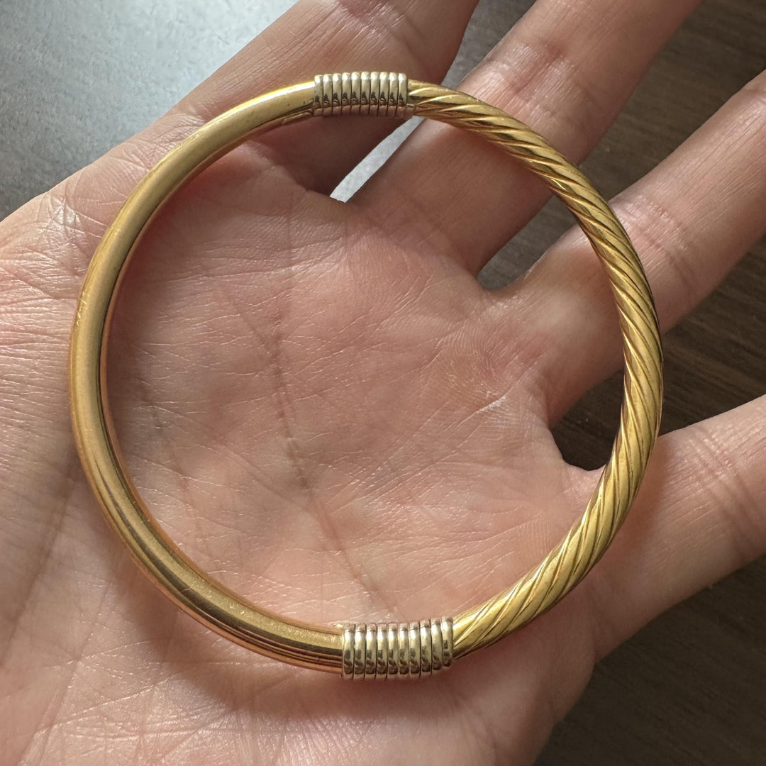 18k Yellow Gold 14.2g Half Polished Half Spiral Vintage Bangle Bracelet Italy 8"
