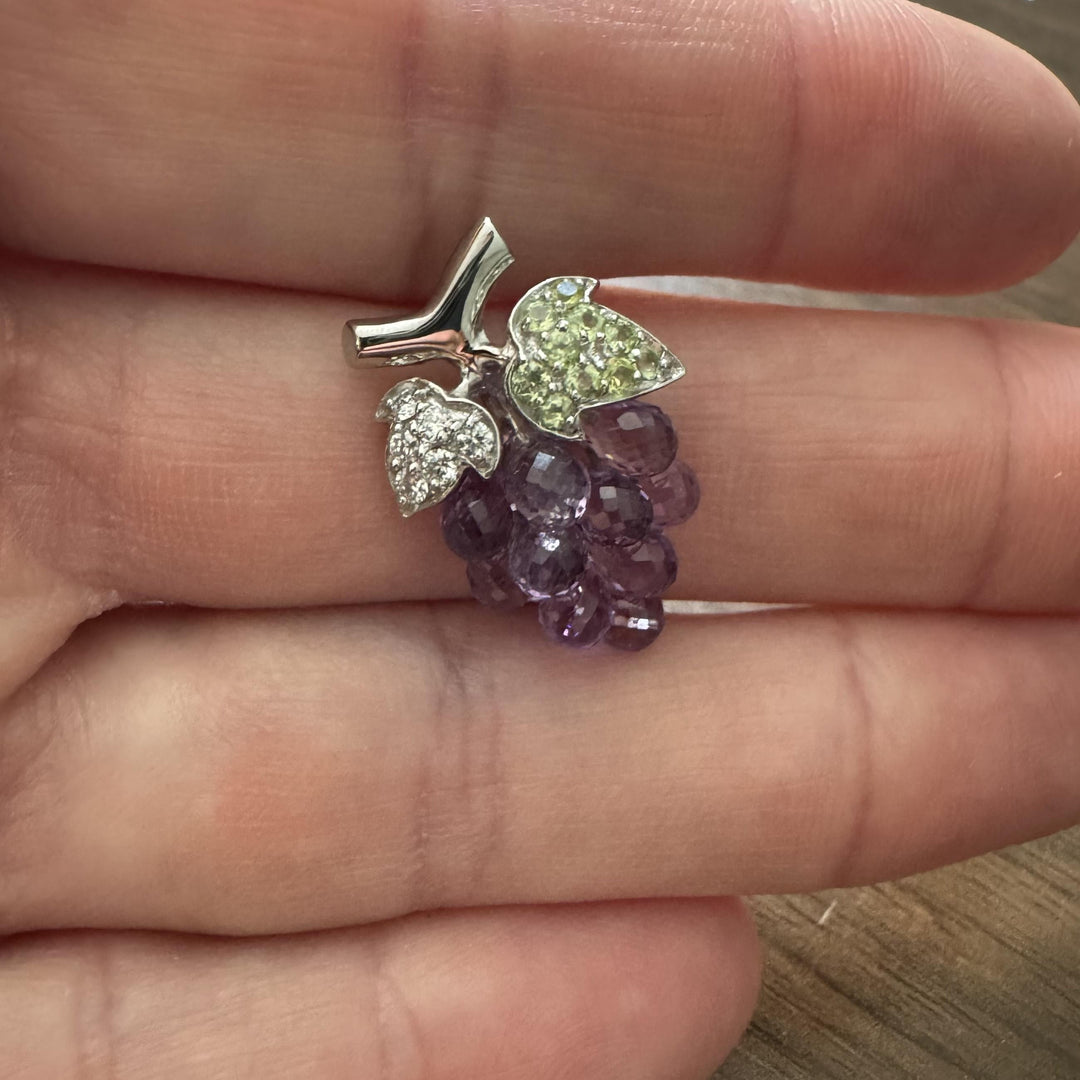 14k White Gold Amethyst Peridot and Diamond Bunch of Grapes Brooch Pin