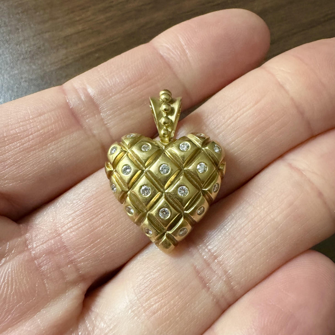 18k Yellow Gold and Diamond 14.2g Solid Vintage Puffed Heart Pendant 1.25"