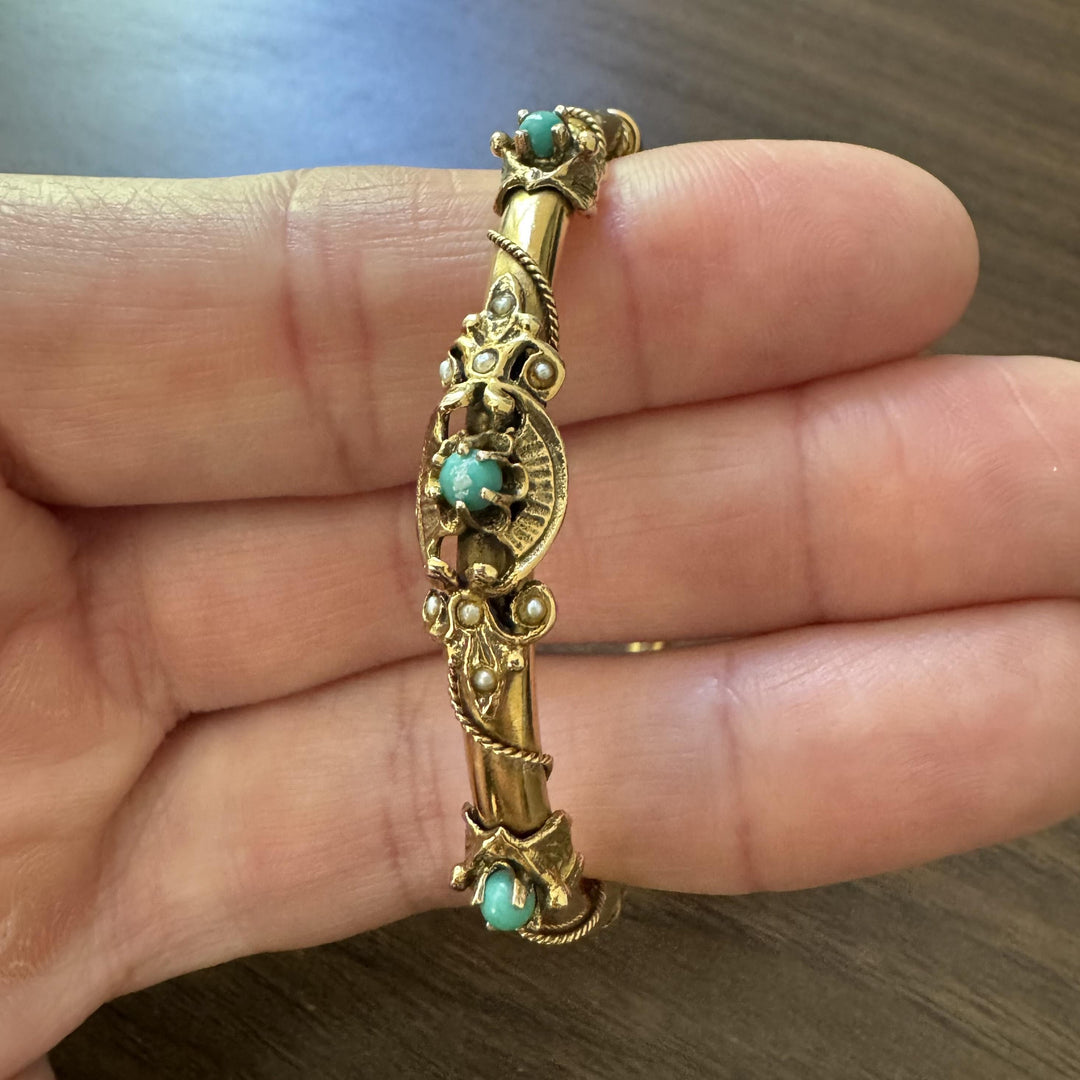 14k Yellow Gold 14.8g Turquoise and Seed Pearl Vintage Bangle Bracelet 6.5"