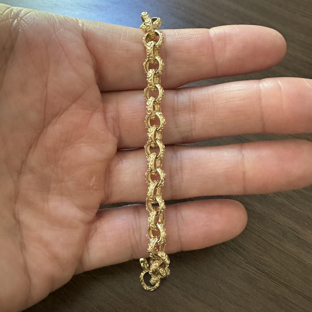 14k Yellow Gold 17.4g Solid Vintage Textured Rolo Link Bracelet 7"