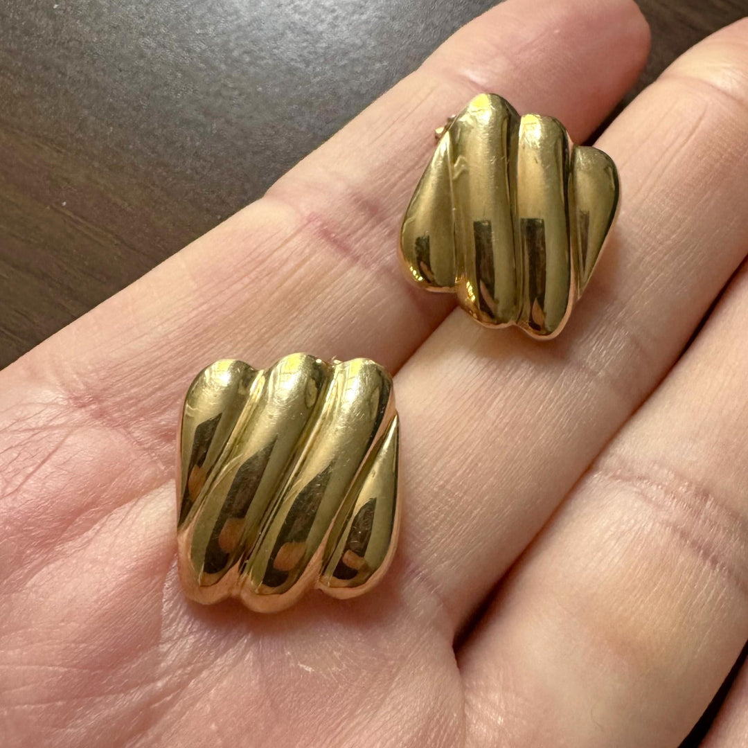 14k Yellow Gold 11g Solid Vintage Ribbed Square Stud Earrings Italy