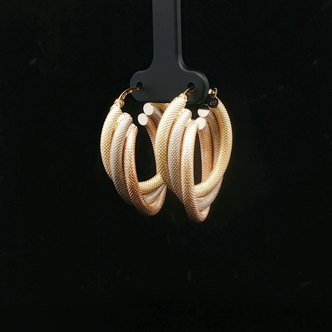 18k Yellow White and Rose Gold 7.8g Textured Twisted Hoop Earrings Italy 1.25"