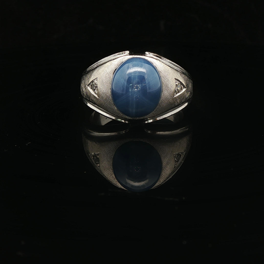 14k White Gold Blue Star Sapphire and Diamond Men's Ring Size