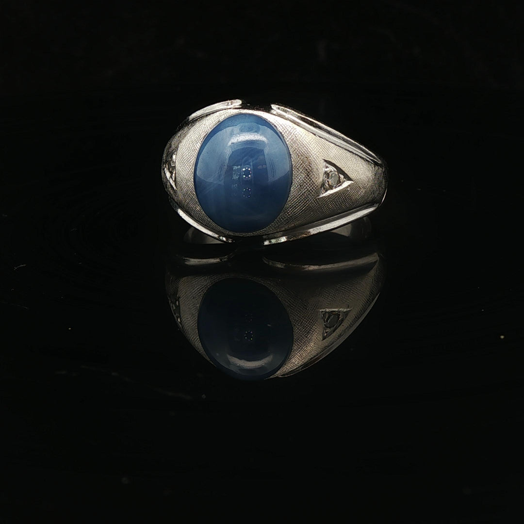 14k White Gold Blue Star Sapphire and Diamond Men's Ring Size