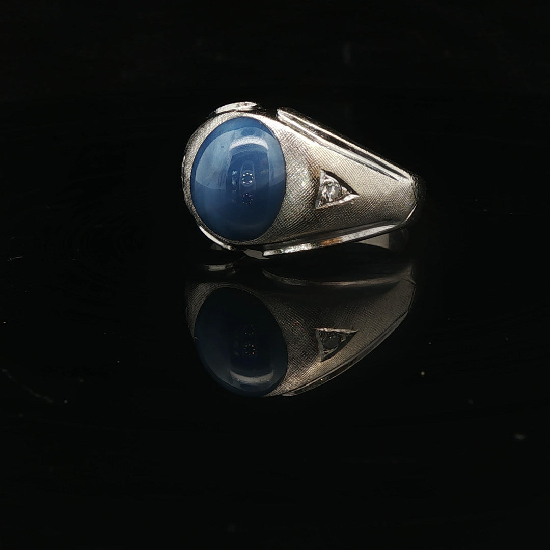 14k White Gold Blue Star Sapphire and Diamond Men's Ring Size