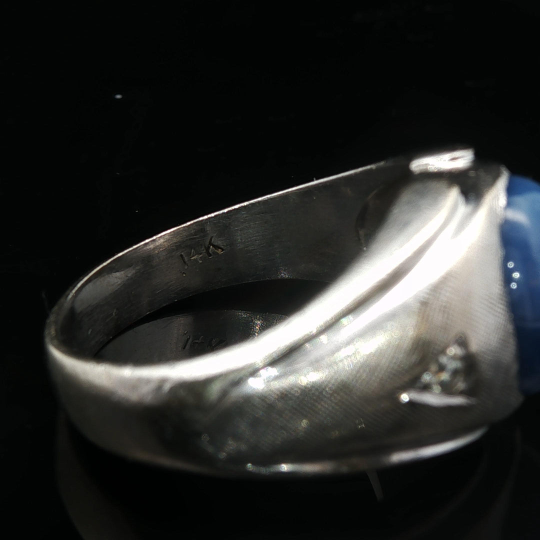 14k White Gold Blue Star Sapphire and Diamond Men's Ring Size