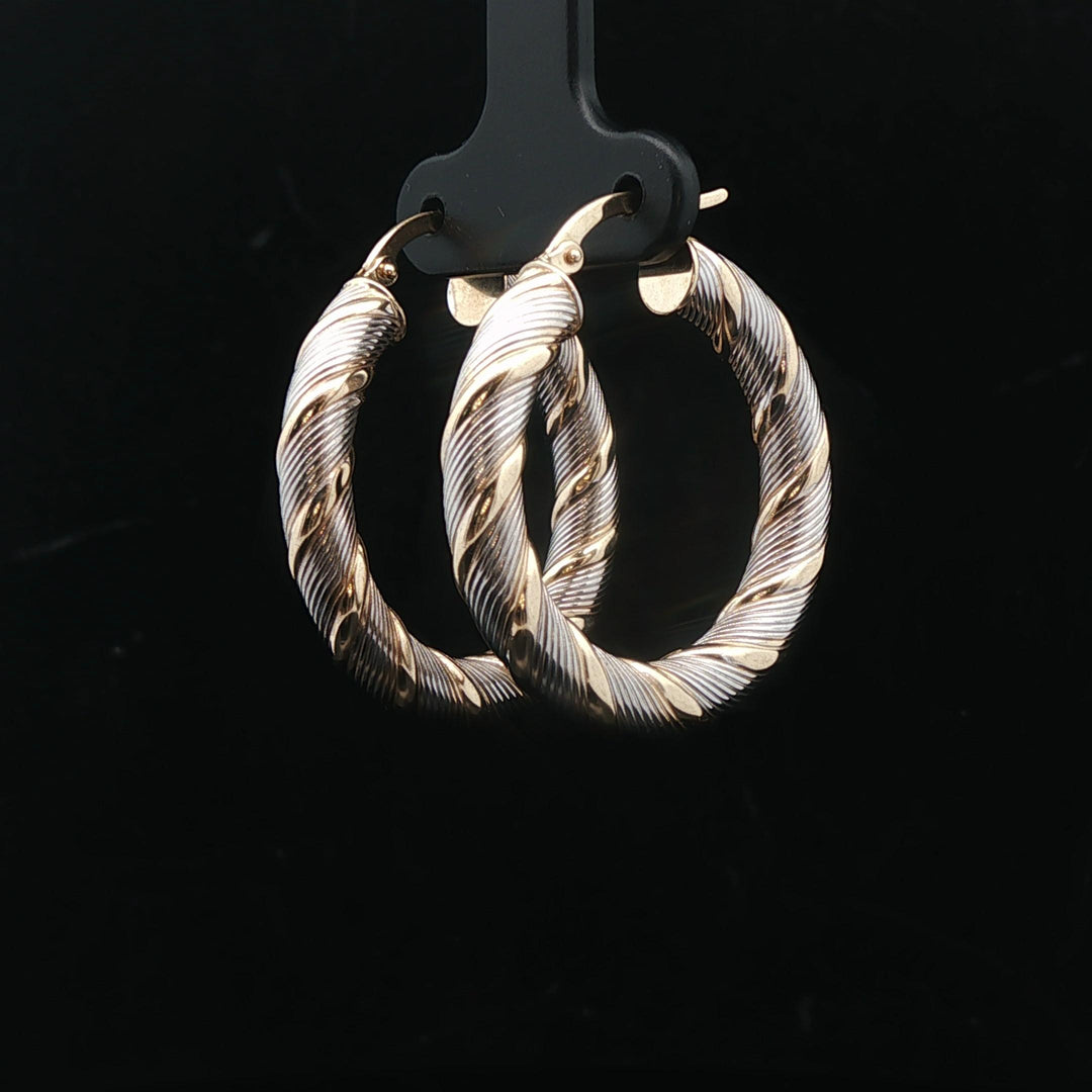 14k White and Yellow Gold 3.7g Light Twisted Spiral Hoop Earrings Italy 1.25"