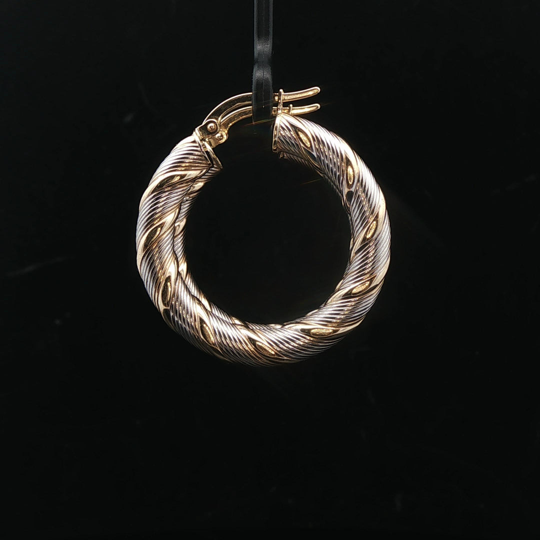 14k White and Yellow Gold 3.7g Light Twisted Spiral Hoop Earrings Italy 1.25"