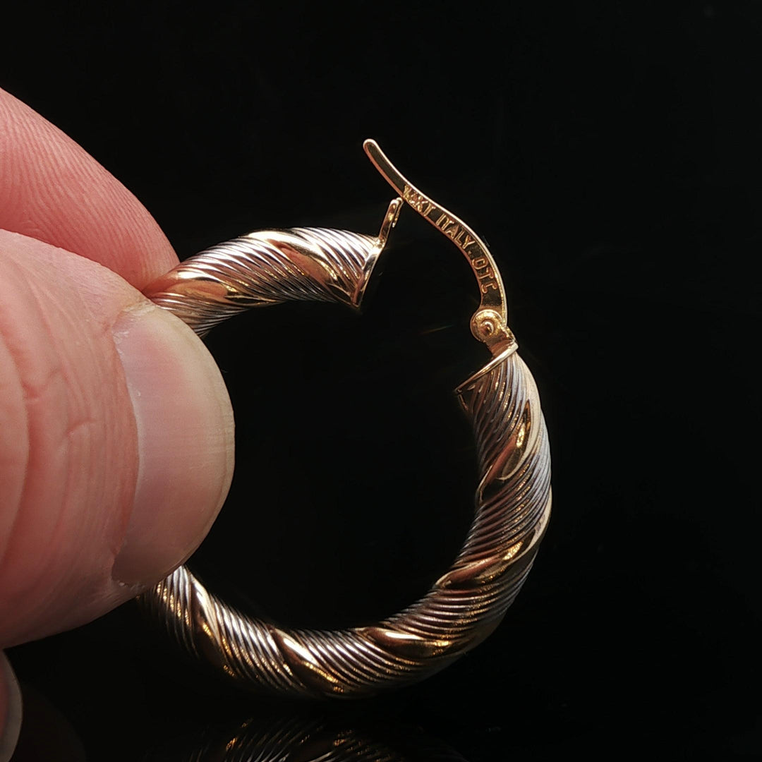 14k White and Yellow Gold 3.7g Light Twisted Spiral Hoop Earrings Italy 1.25"