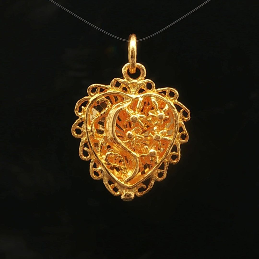 24k Pure Yellow Gold 4.1g Fancy Heart Charm Pendant 1"