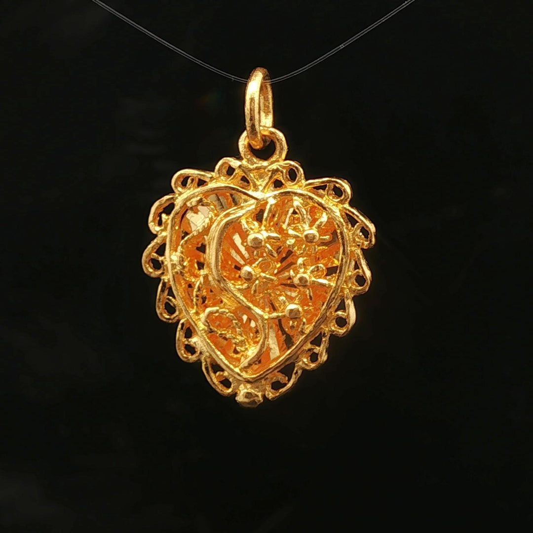 24k Pure Yellow Gold 4.1g Fancy Heart Charm Pendant 1"