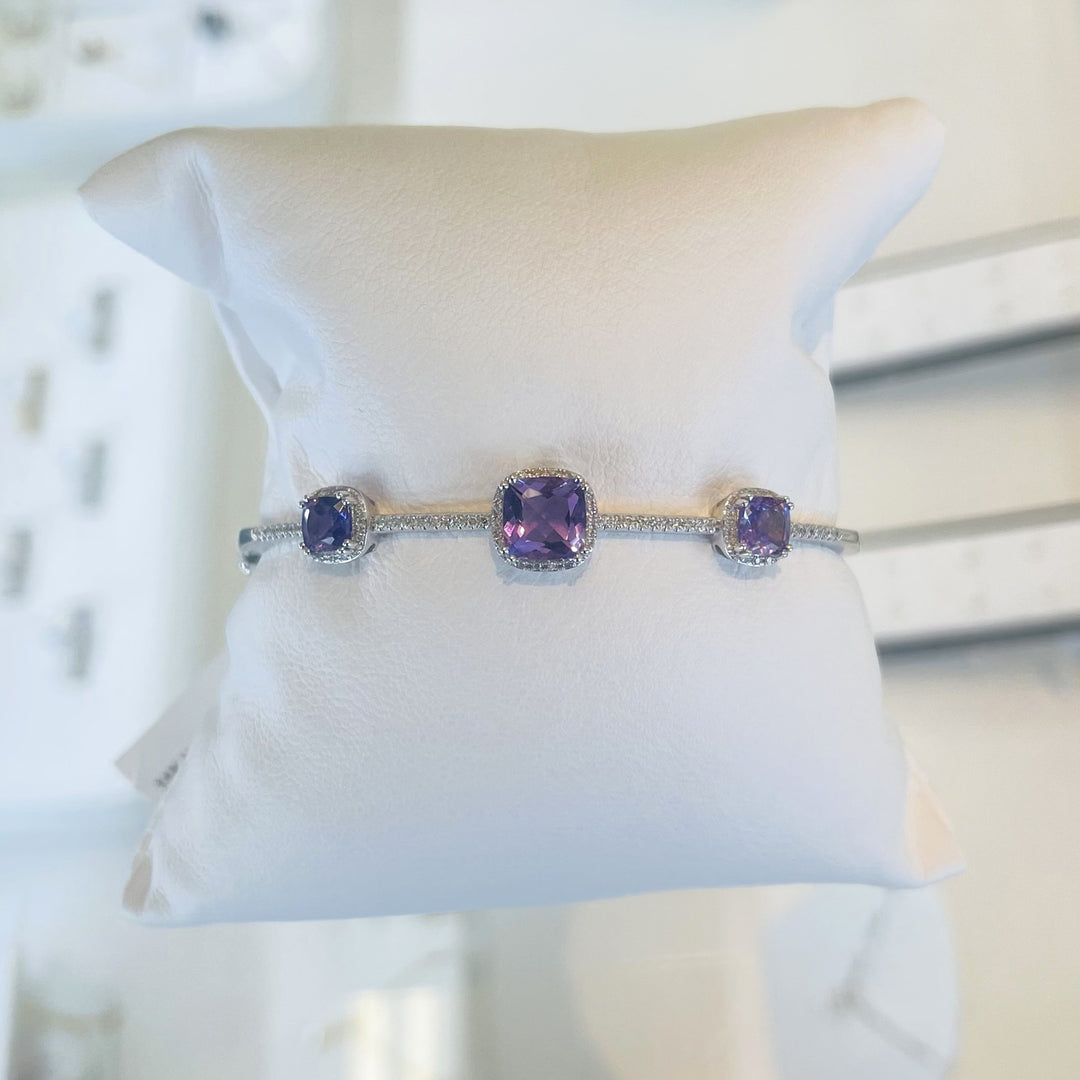 Brand New 14k White Gold Amethyst and Diamond Bangle Bracelet 7"