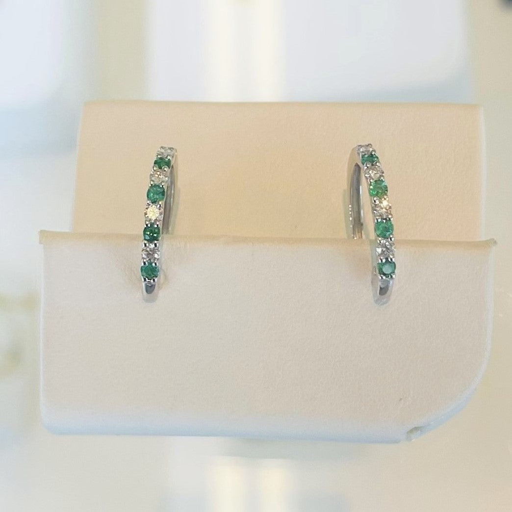 14k White Gold Emerald and Diamond Hoop Earrings