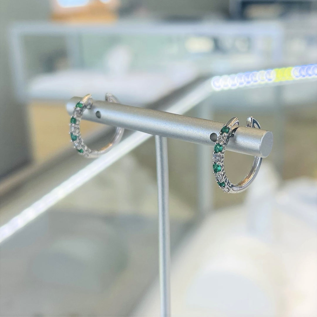 14k White Gold Emerald and Diamond Hoop Earrings