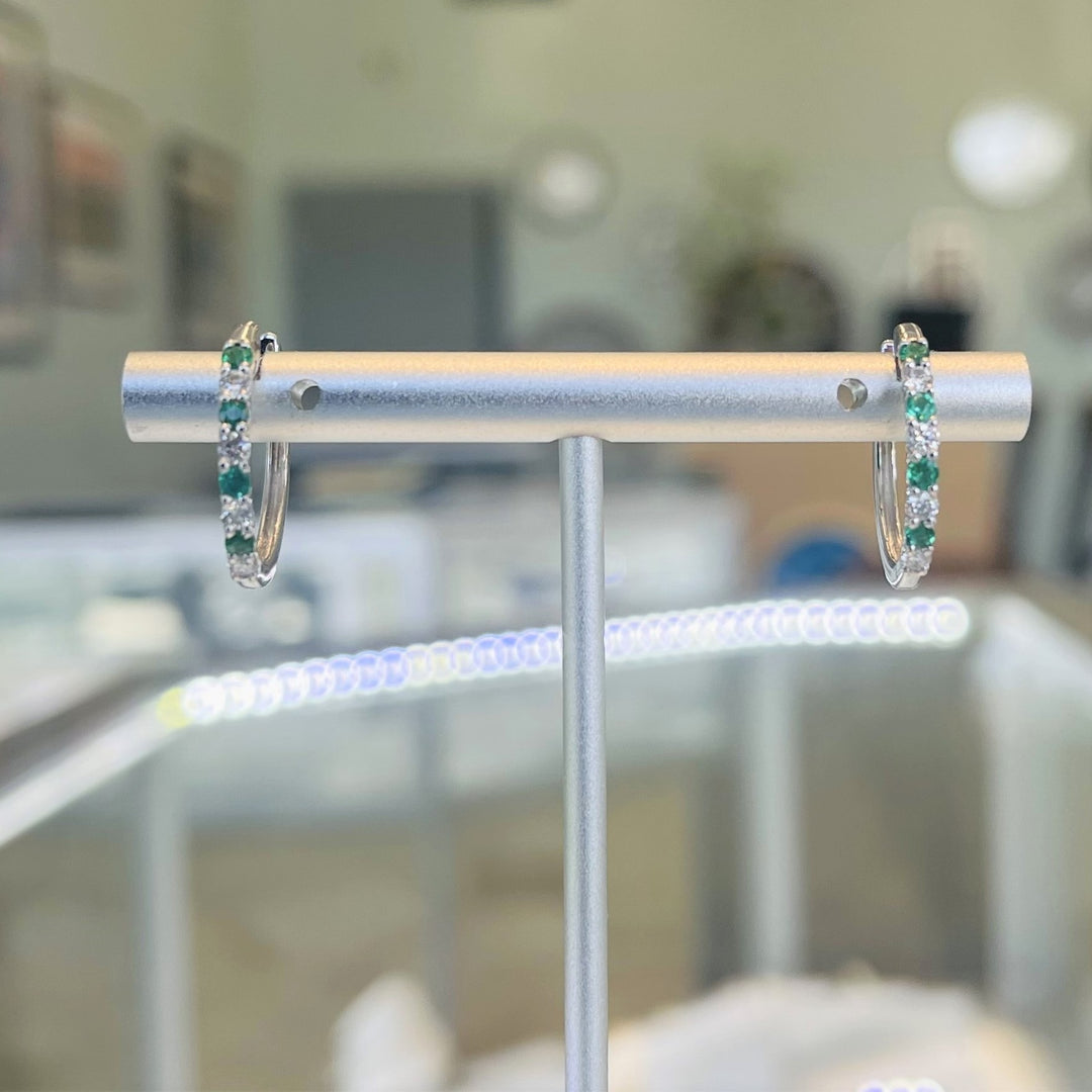 14k White Gold Emerald and Diamond Hoop Earrings
