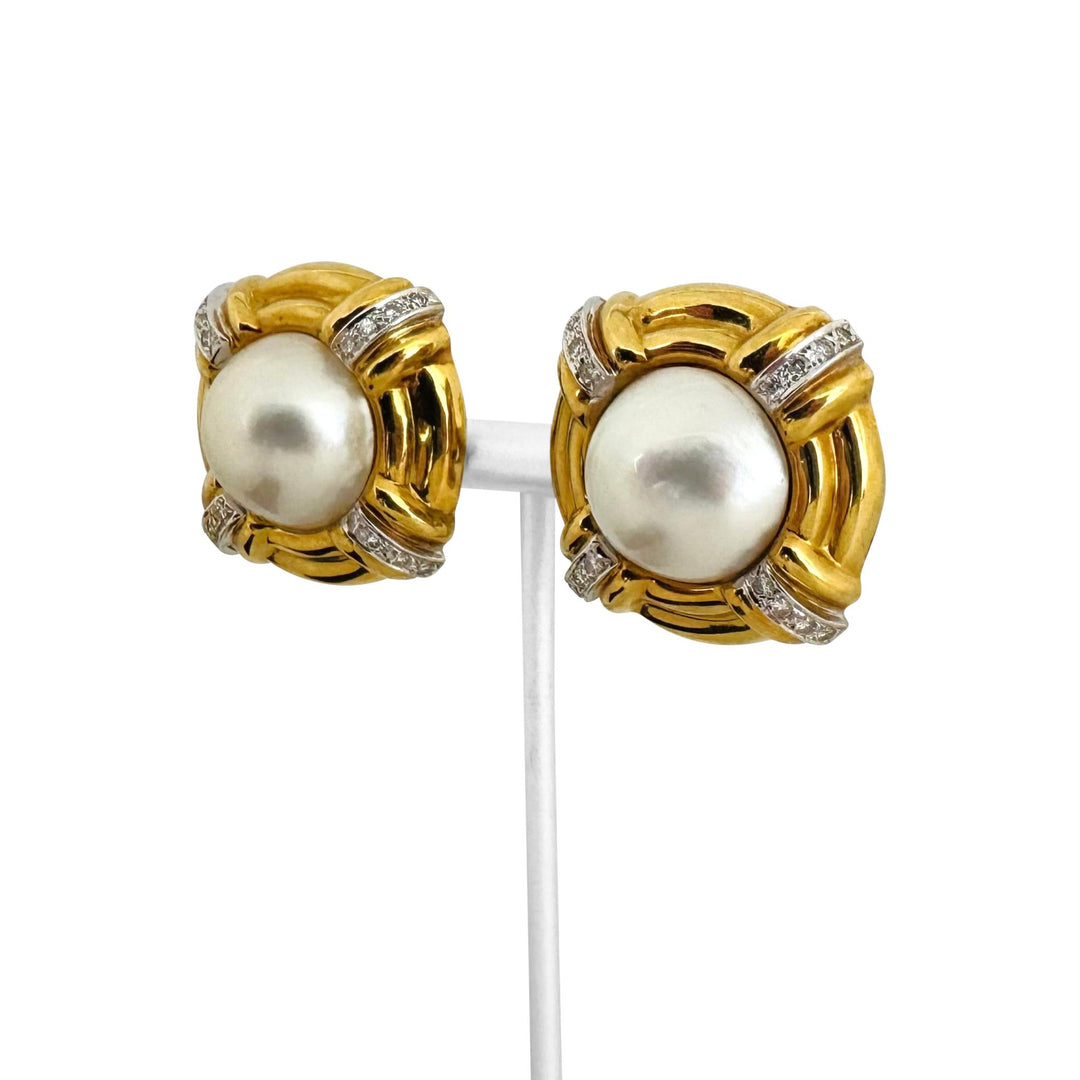 18k Yellow Gold Mabe Pearl and Diamond 18.4g Vintage Earclips 1"