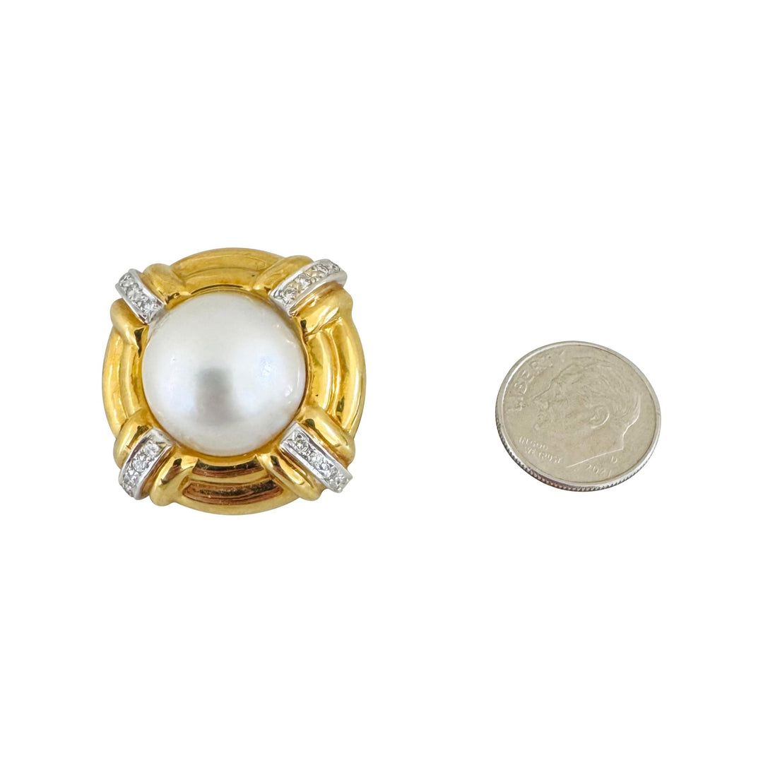 18k Yellow Gold Mabe Pearl and Diamond 18.4g Vintage Earclips 1"
