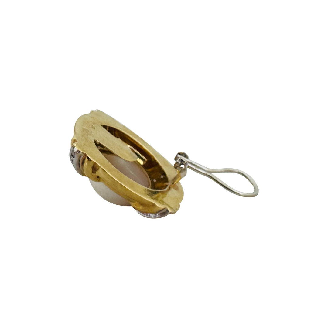 18k Yellow Gold Mabe Pearl and Diamond 18.4g Vintage Earclips 1"