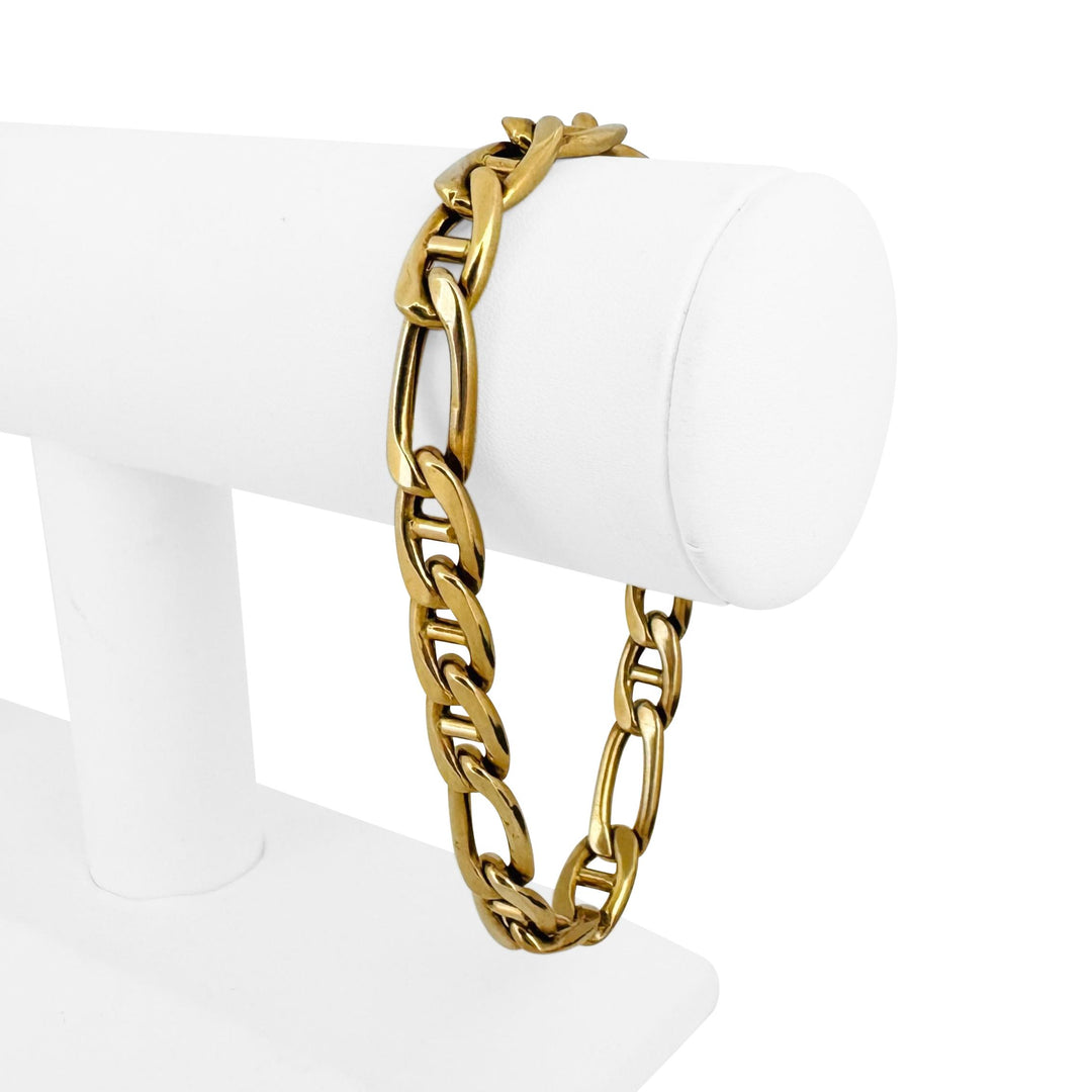 14k Yellow Gold 21.3g Semi Solid 8.5mm Vintage Figaro Link Bracelet Italy 8.5"