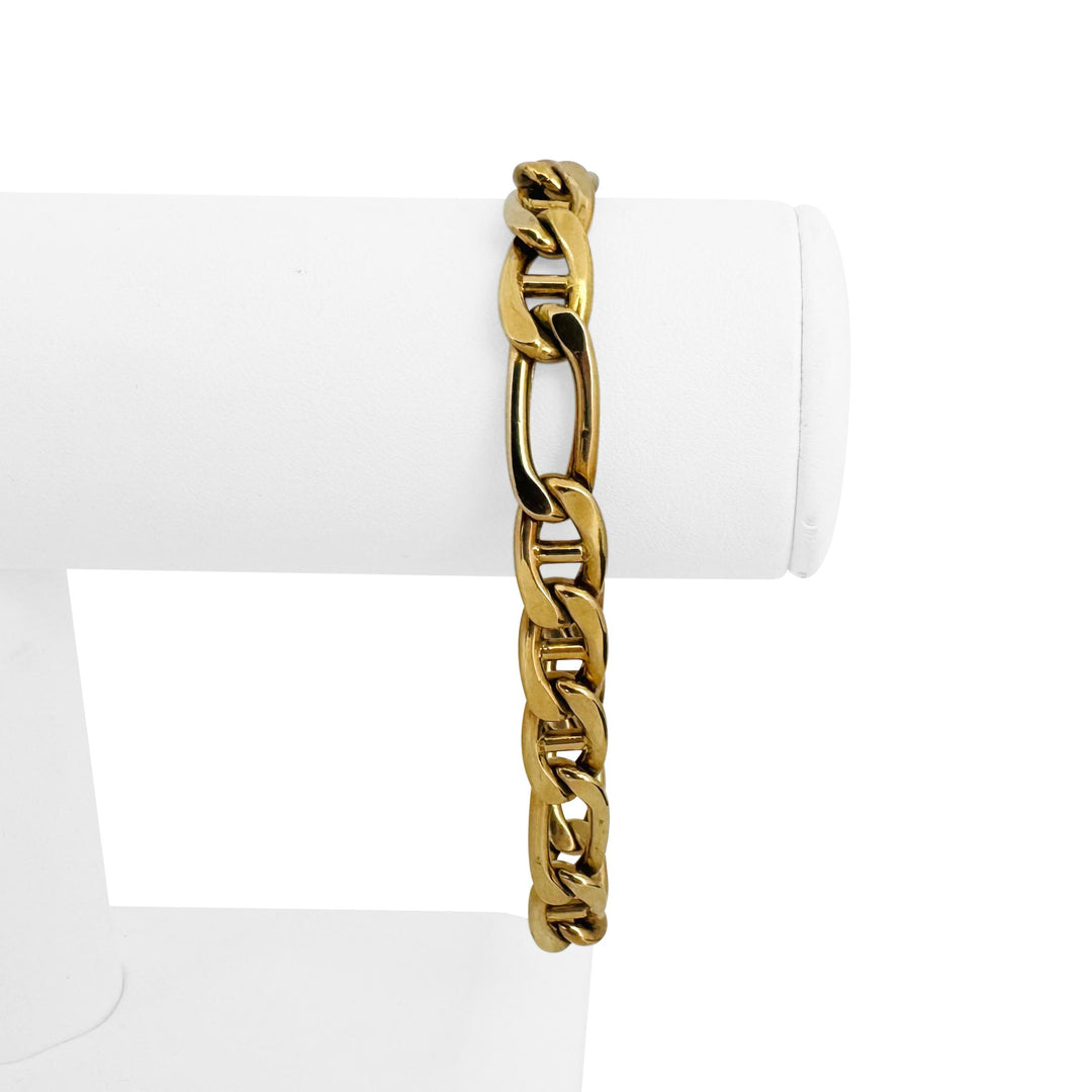 14k Yellow Gold 21.3g Semi Solid 8.5mm Vintage Figaro Link Bracelet Italy 8.5"