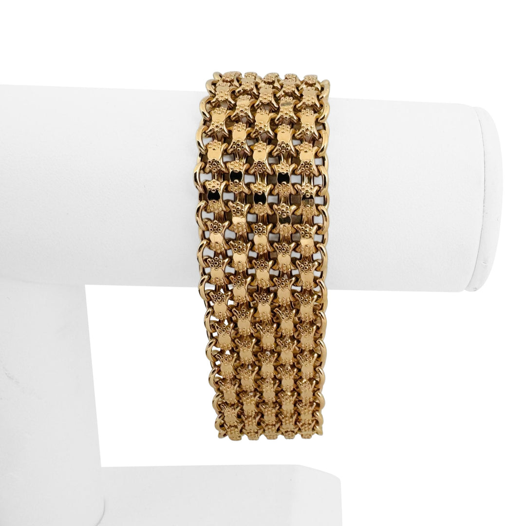 19k Portuguese Yellow Gold 55.4g Ladies Wide 24mm Fancy Link Bracelet 7.75"