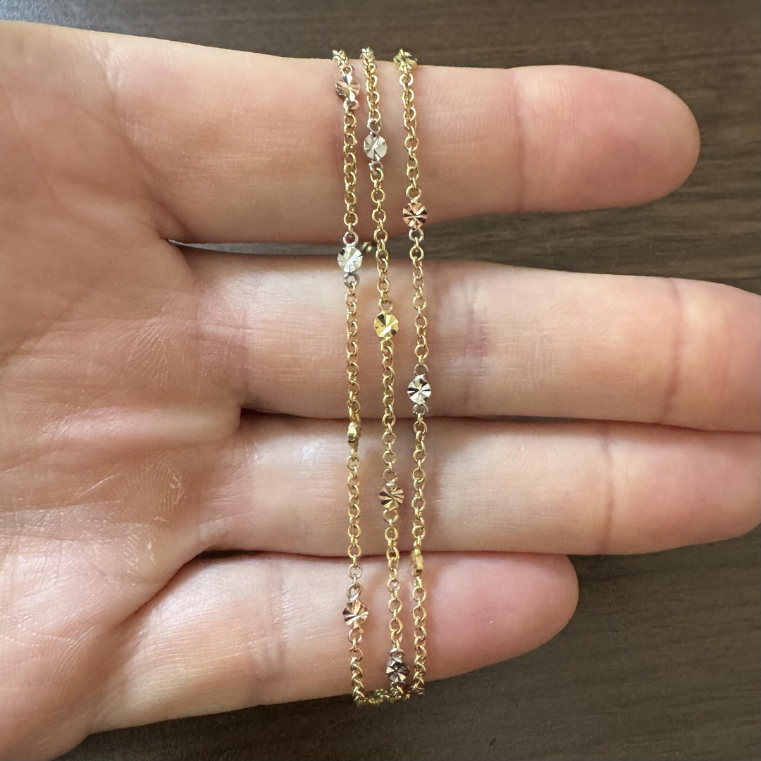 18k Tri Tone Gold 6.5g Triple Strand Station Cable Link Bracelet Italy 7.25"
