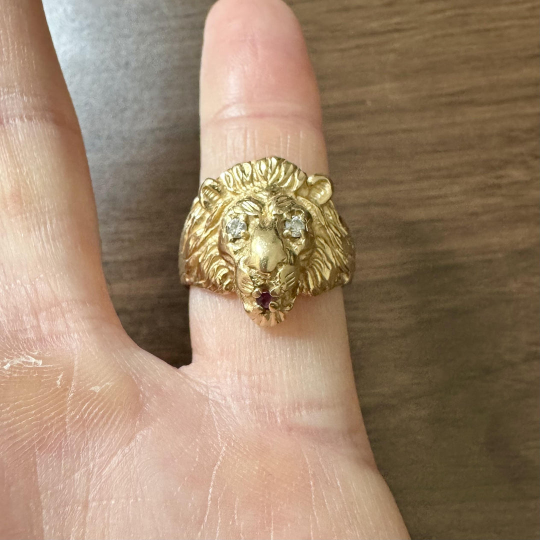 14k Yellow Gold Diamond and Ruby 11.7g Heavy Lion's Head Ring Size 8