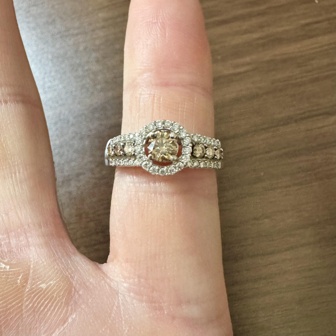 LeVian 14k White Gold Chocolate and White Diamond Halo Ring Size 7