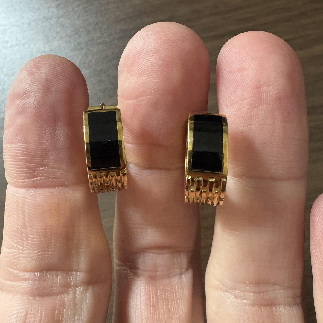 18k Yellow Gold and Black Enamel 13.4g Solid Heavy Huggie Earrings
