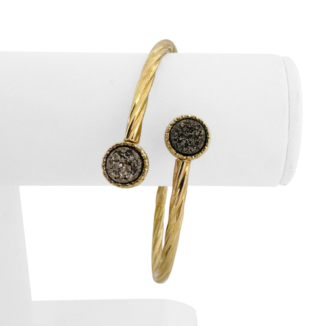 14k Yellow Gold and Metallic Druzy Quartz Crystal Bypass Bangle Bracelet 7.5"