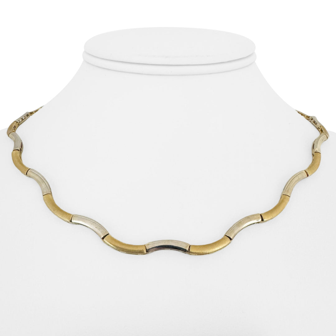 14k Yellow and White Gold 18.6g Two Tone Fancy Wave Link Necklace 17"