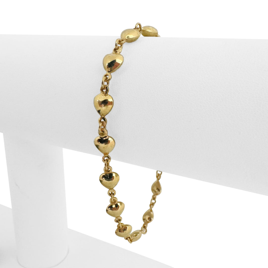 14k Yellow Gold 5.5g Hollow Light 6mm Heart Charm Link Bracelet 7"