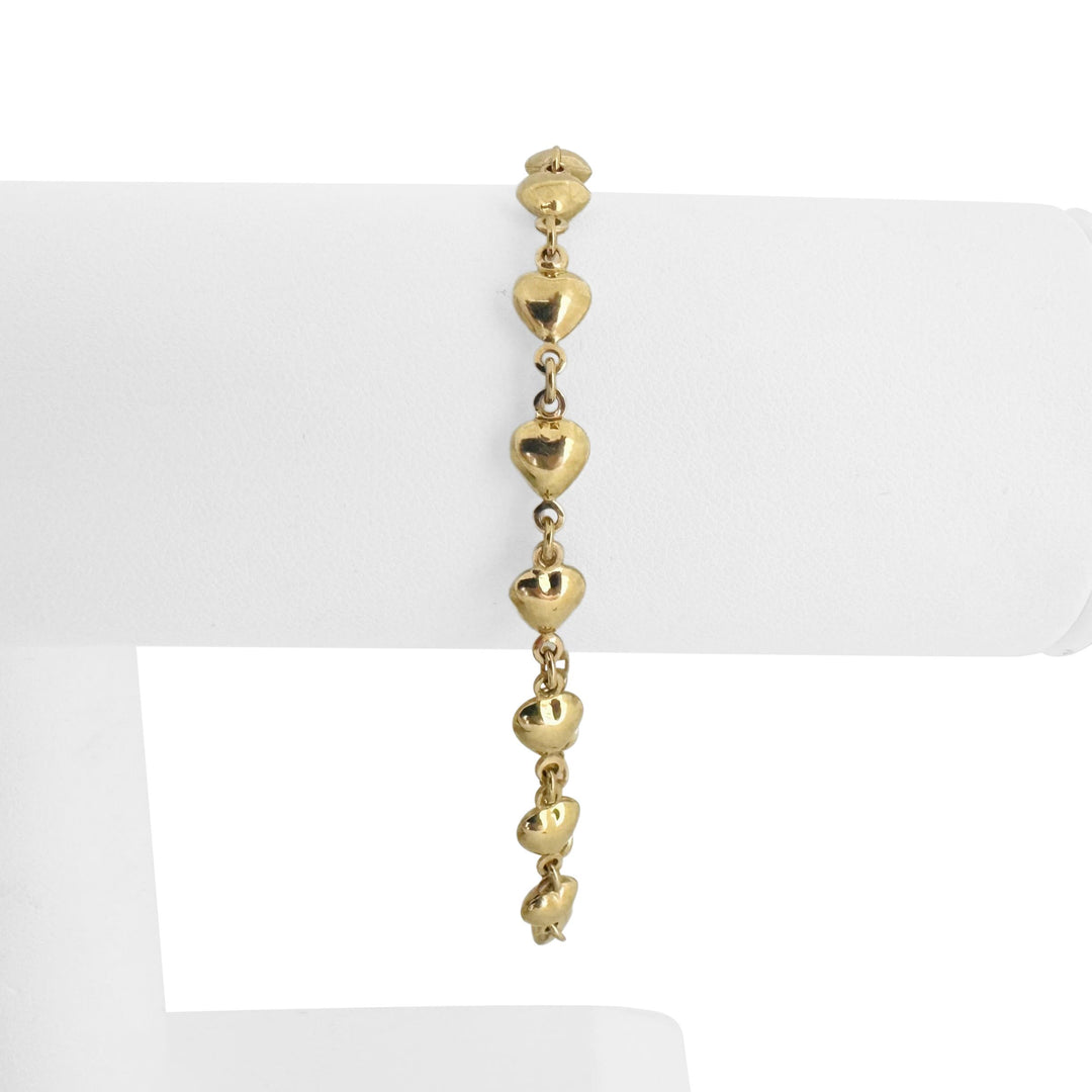 14k Yellow Gold 5.5g Hollow Light 6mm Heart Charm Link Bracelet 7"