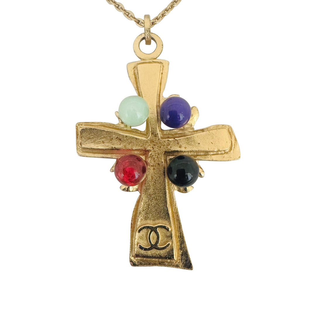 Chanel Vintage Gold Plated Long Cross Pendant Necklace 30"