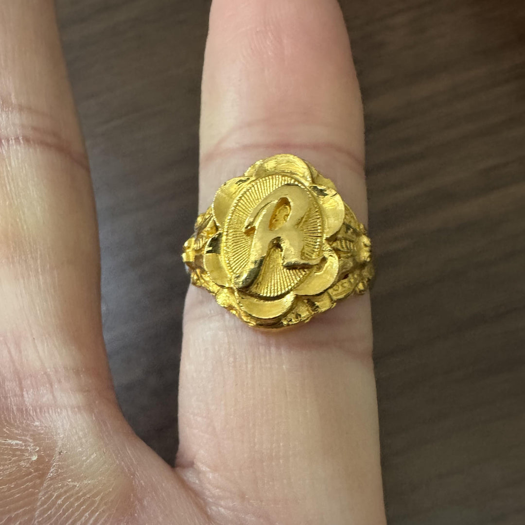 24k Pure Yellow Gold 6.9g Solid Fancy R Ring Size 6.5