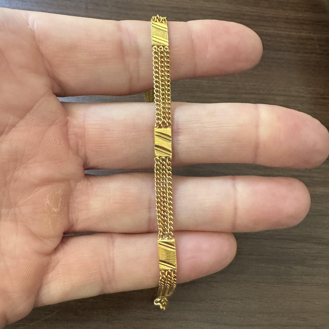 24k Pure Yellow Gold 11g Three Curb Link Strand Station Bracelet 7.25"