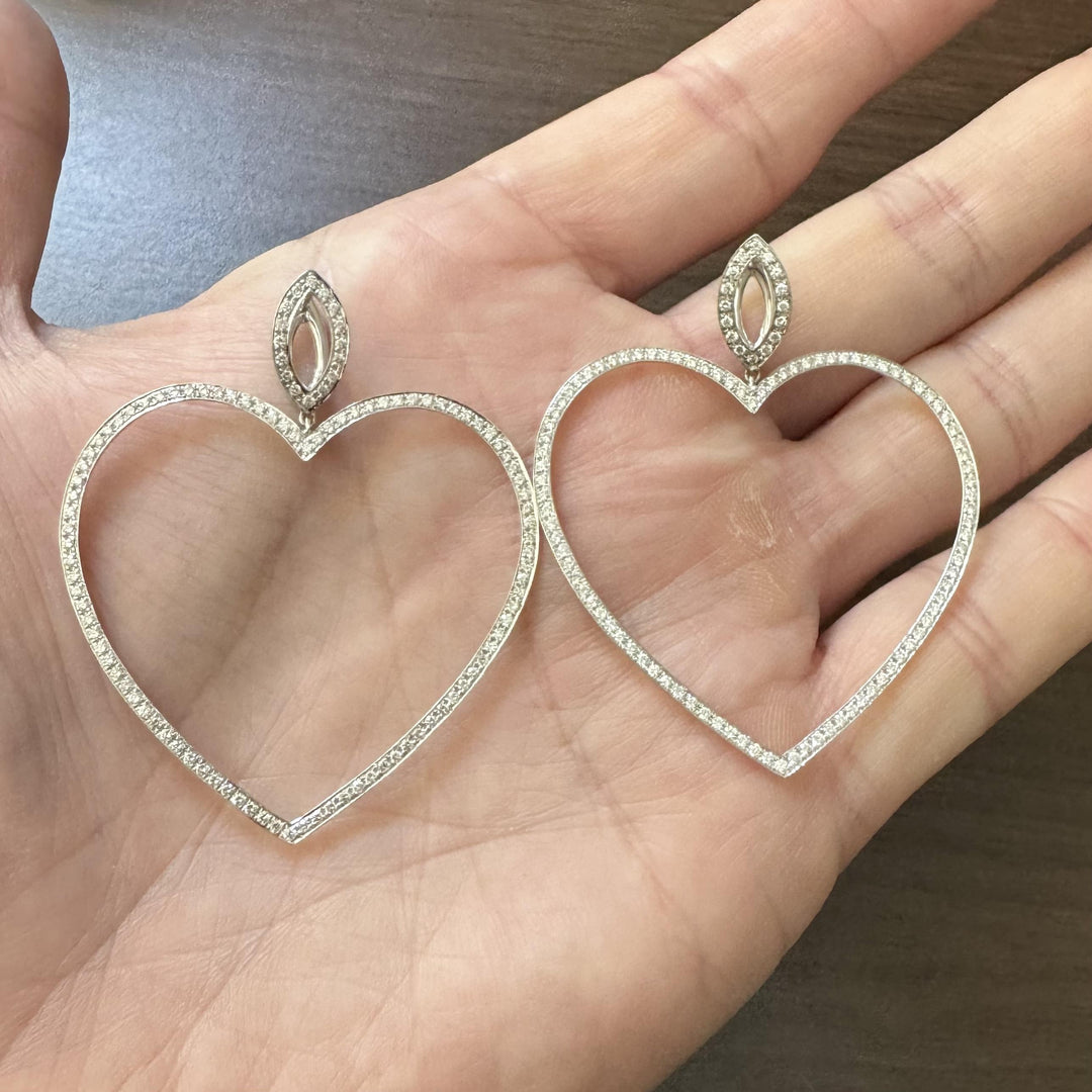 18k White Gold and 2cttw Diamond Large Heart Drop Dangle Earrings 2.25"