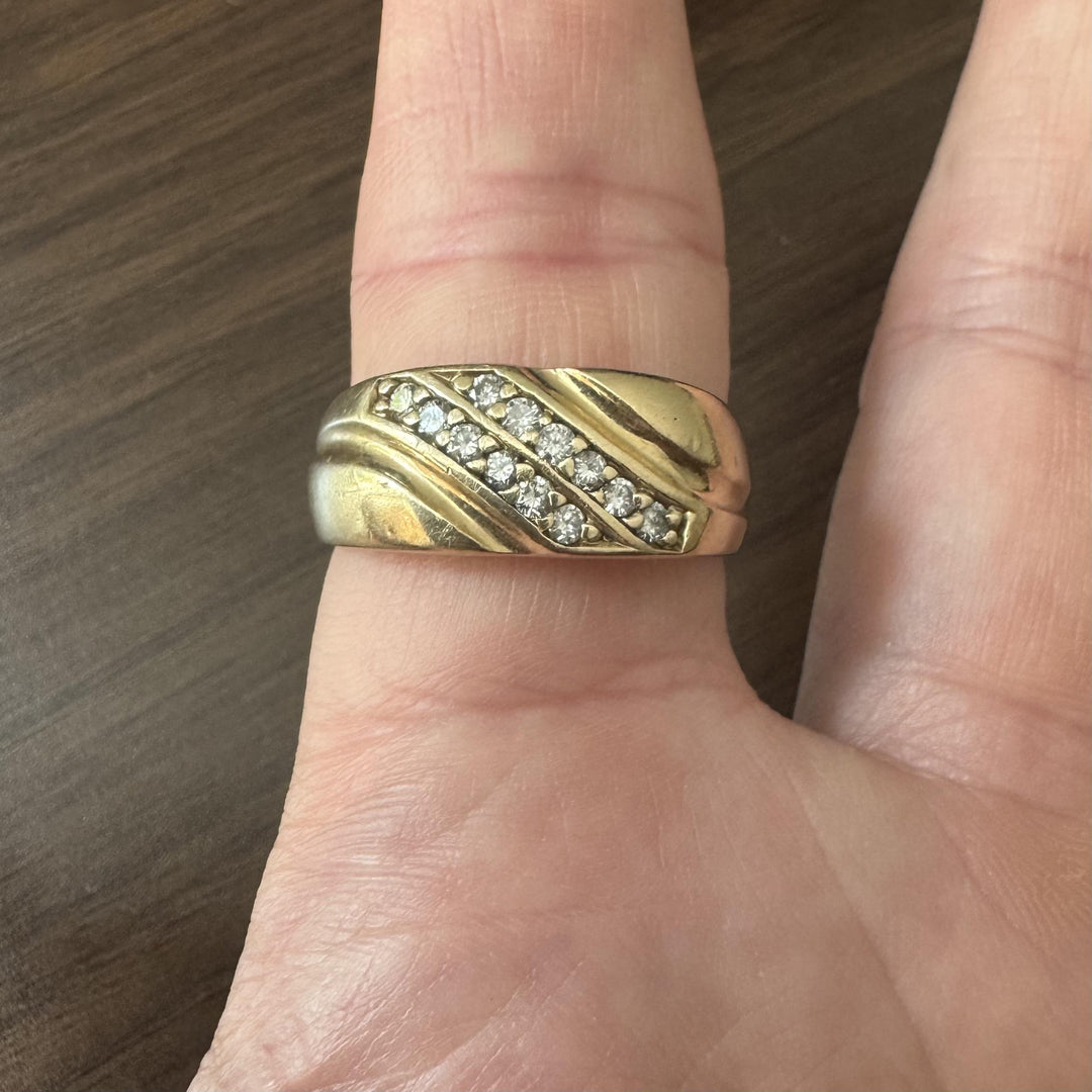 14k Yellow Gold and Diamond 10.8g Solid Heavy Men's Ring Size 12.5