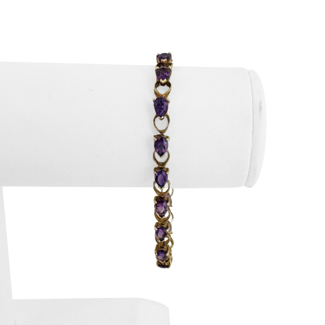 14k Yellow Gold and Amethyst 8.9g Ladies Vintage Heart Link Bracelet 7.25"