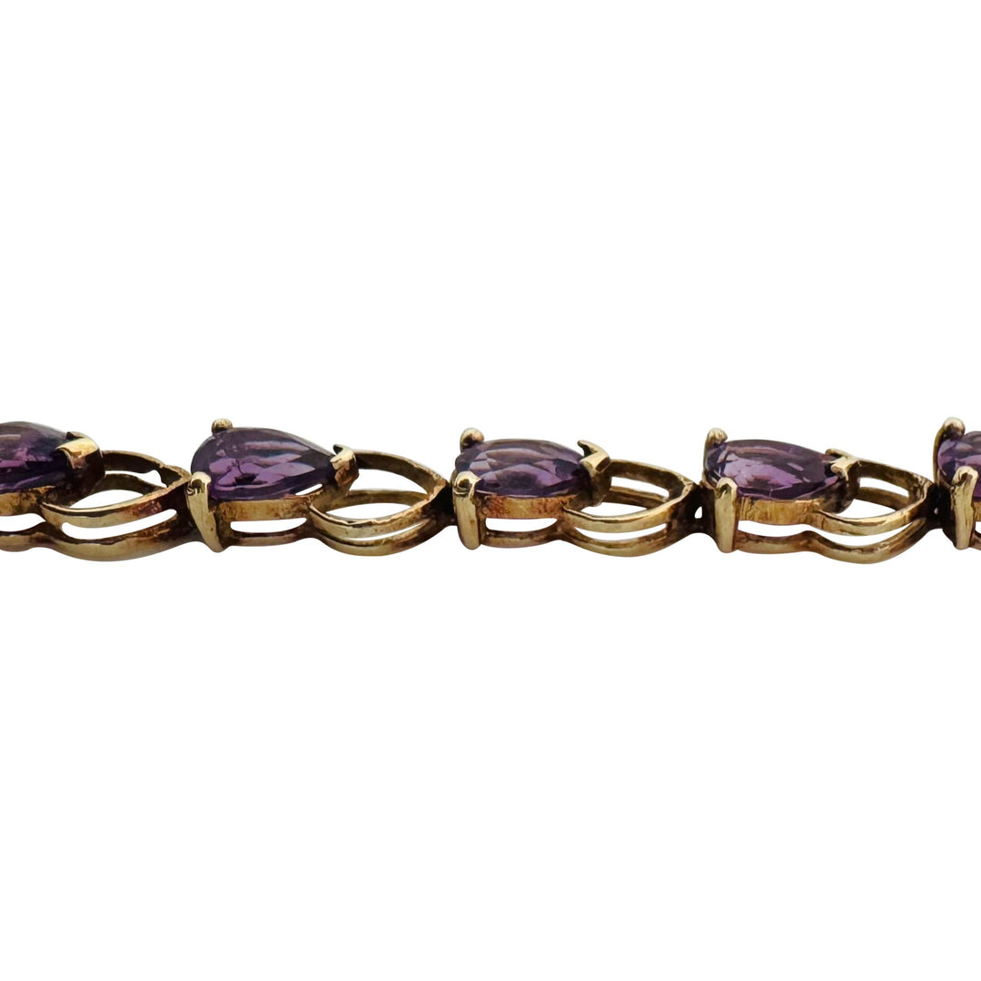 14k Yellow Gold and Amethyst 8.9g Ladies Vintage Heart Link Bracelet 7.25"