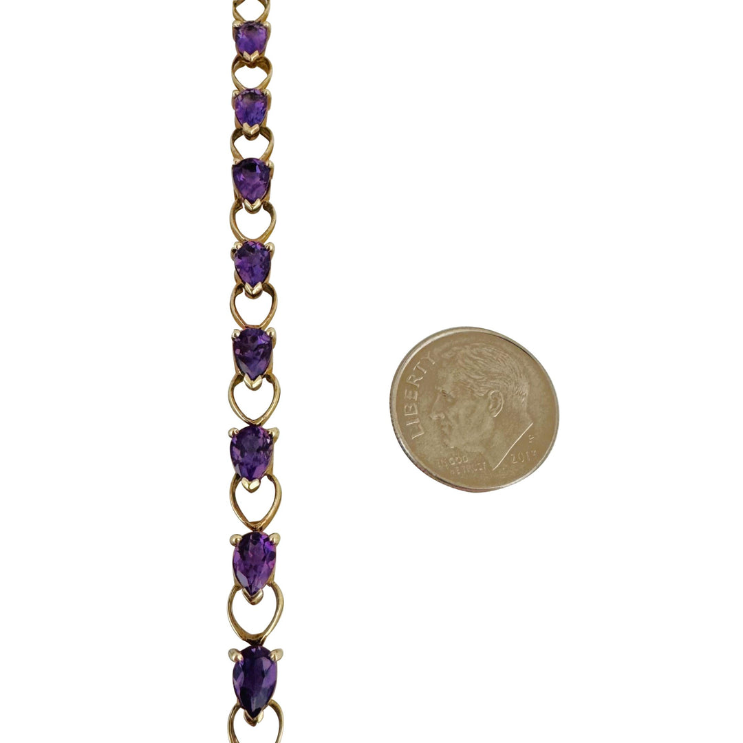 14k Yellow Gold and Amethyst 8.9g Ladies Vintage Heart Link Bracelet 7.25"