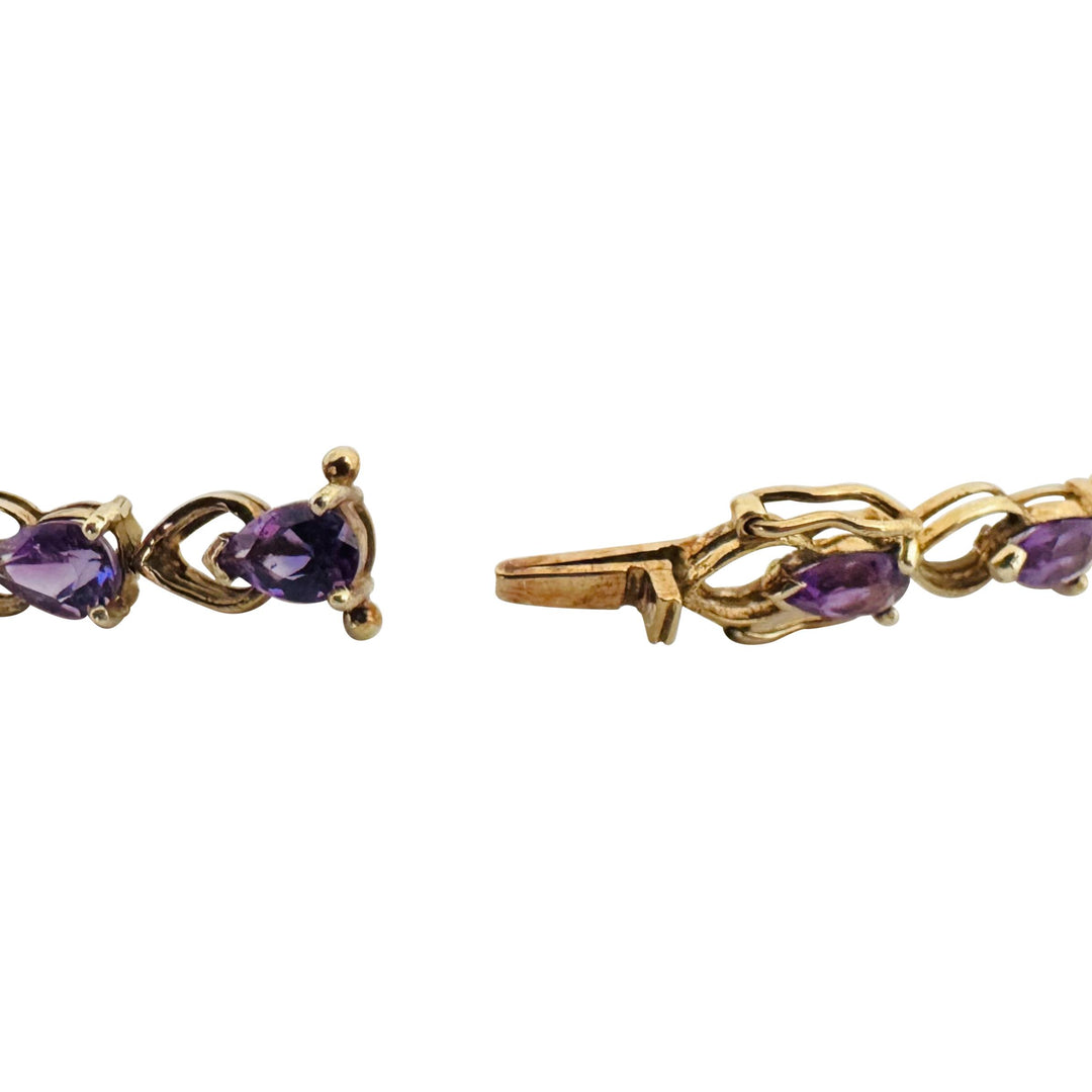 14k Yellow Gold and Amethyst 8.9g Ladies Vintage Heart Link Bracelet 7.25"