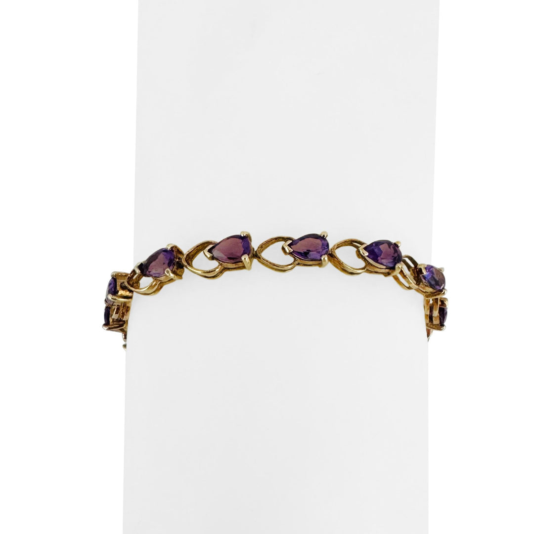 14k Yellow Gold and Amethyst 8.9g Ladies Vintage Heart Link Bracelet 7.25"