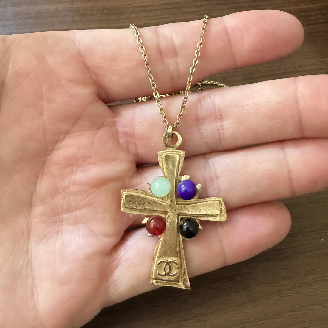 Chanel Vintage Gold Plated Long Cross Pendant Necklace 30"