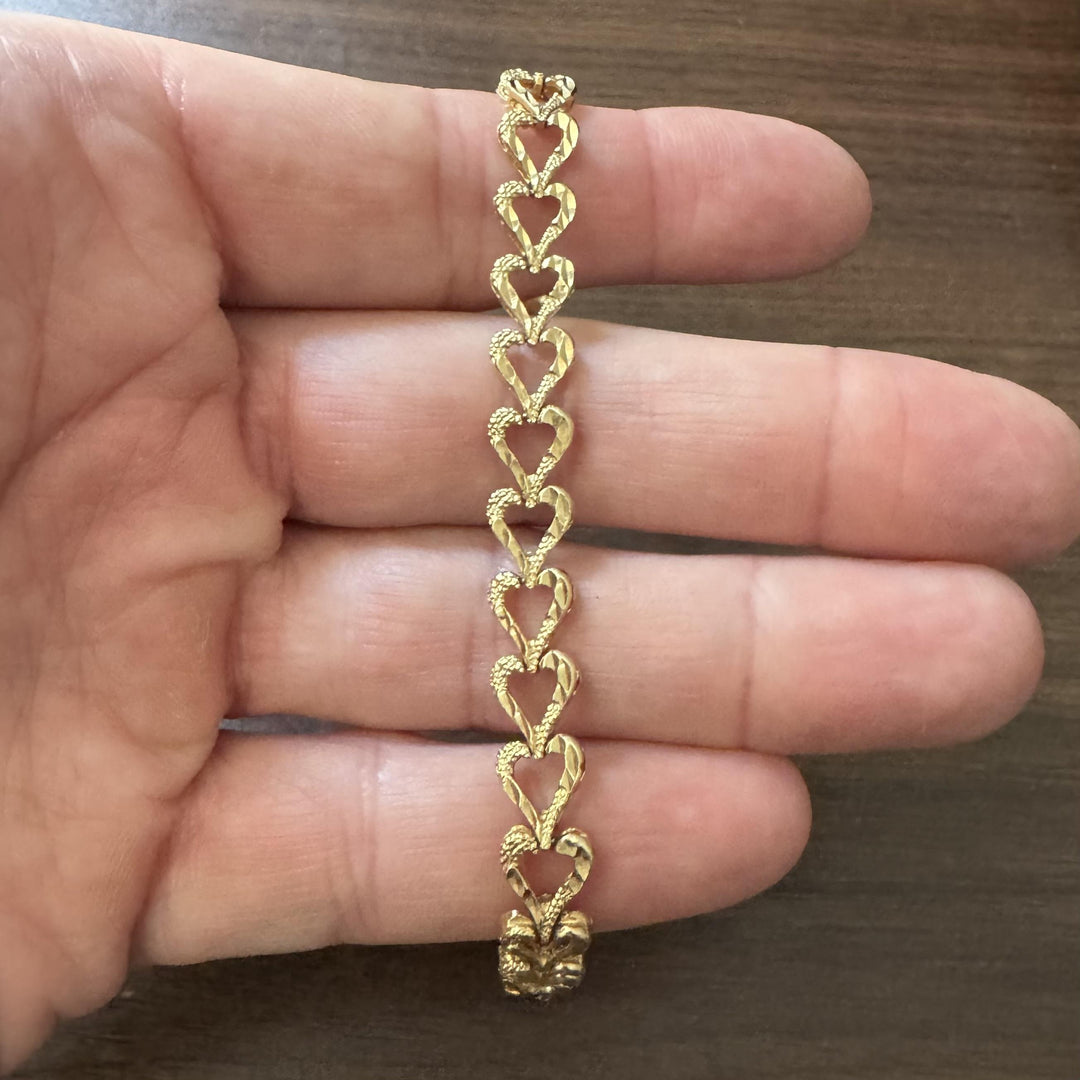 14k Yellow Gold 11g Solid Diamond Cut 8.5mm Heart Link Bracelet 7"