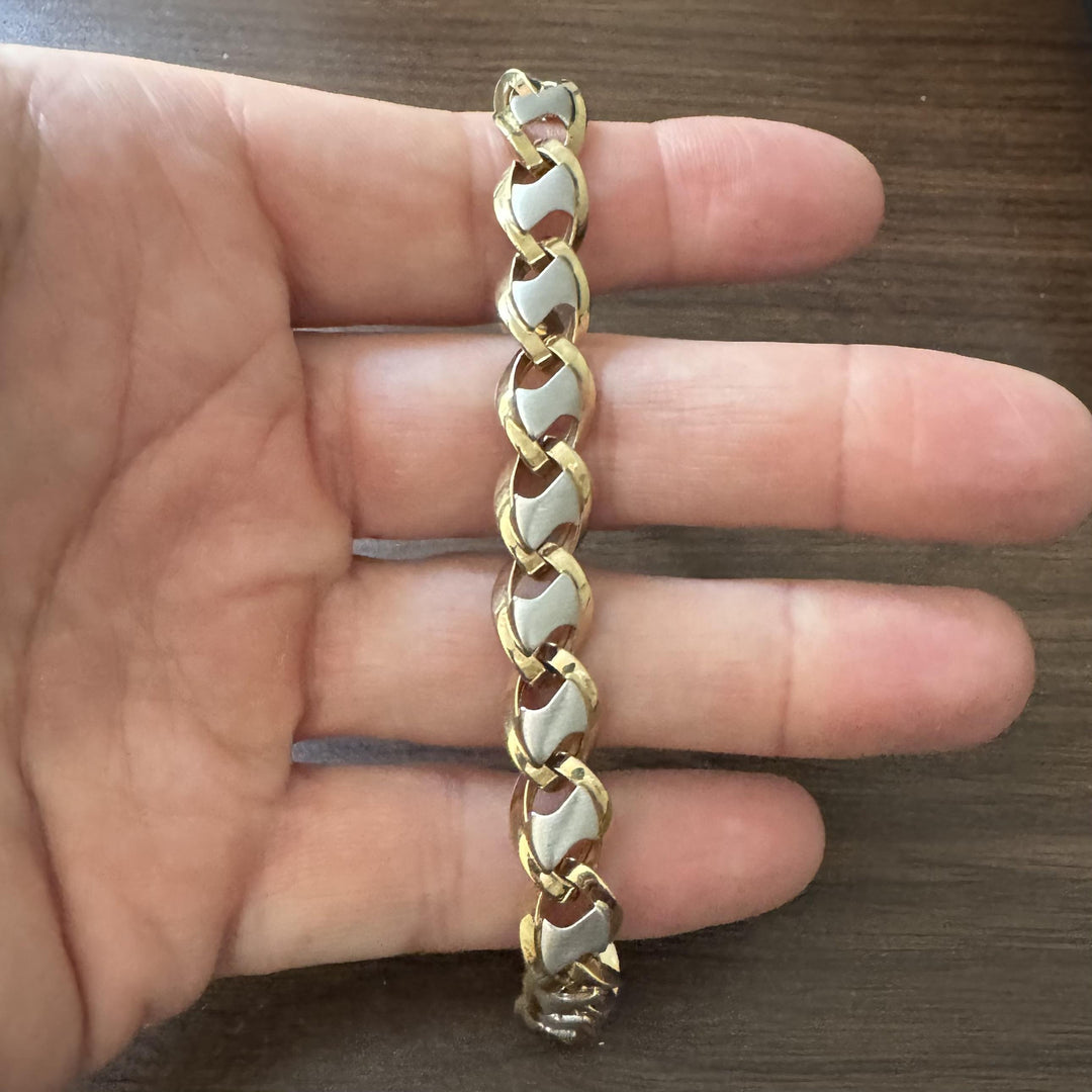 14k Yellow and White Gold 16g Ladies Two Tone Fancy Link Bracelet Italy 7.5"