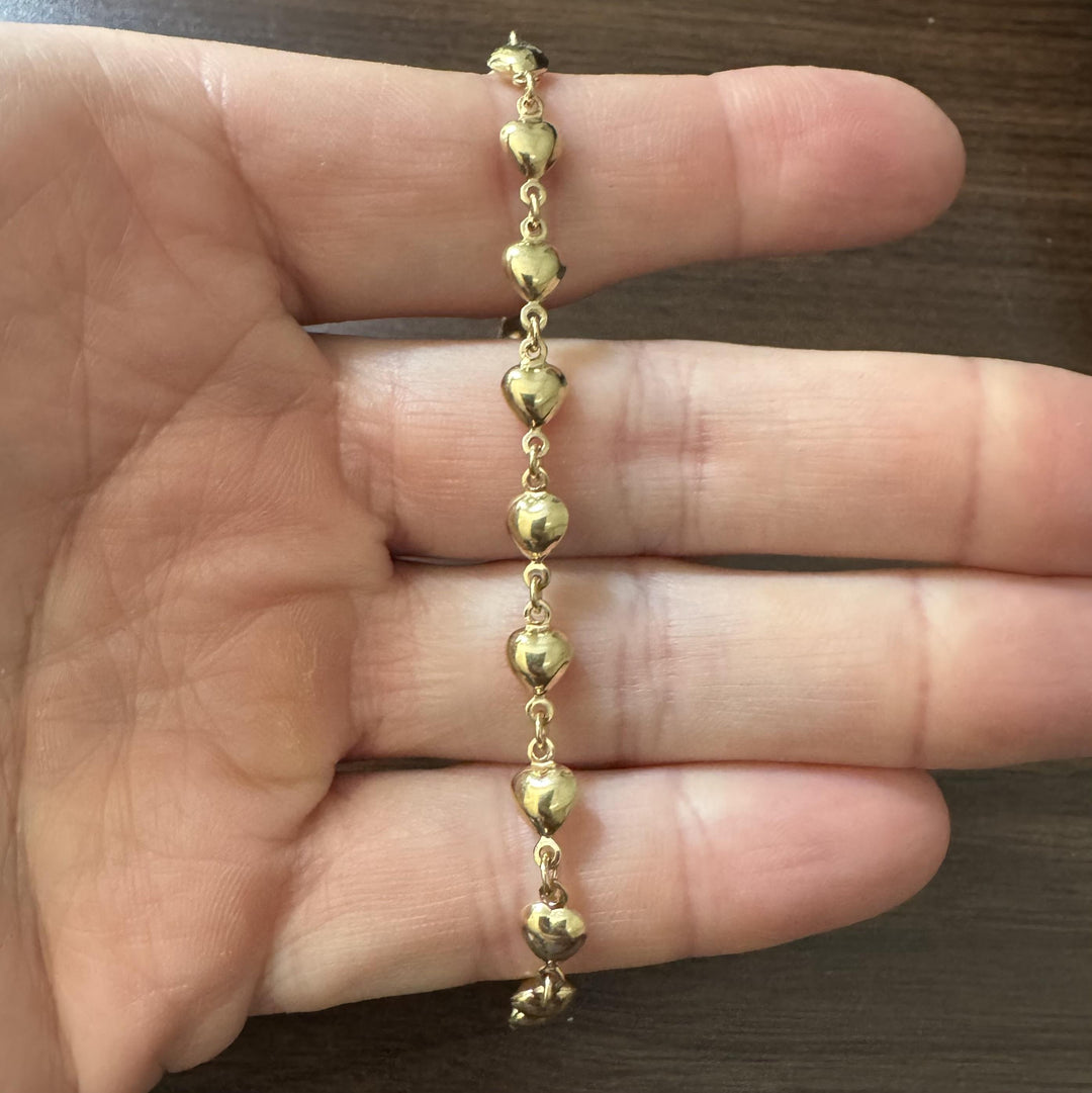 14k Yellow Gold 5.5g Hollow Light 6mm Heart Charm Link Bracelet 7"