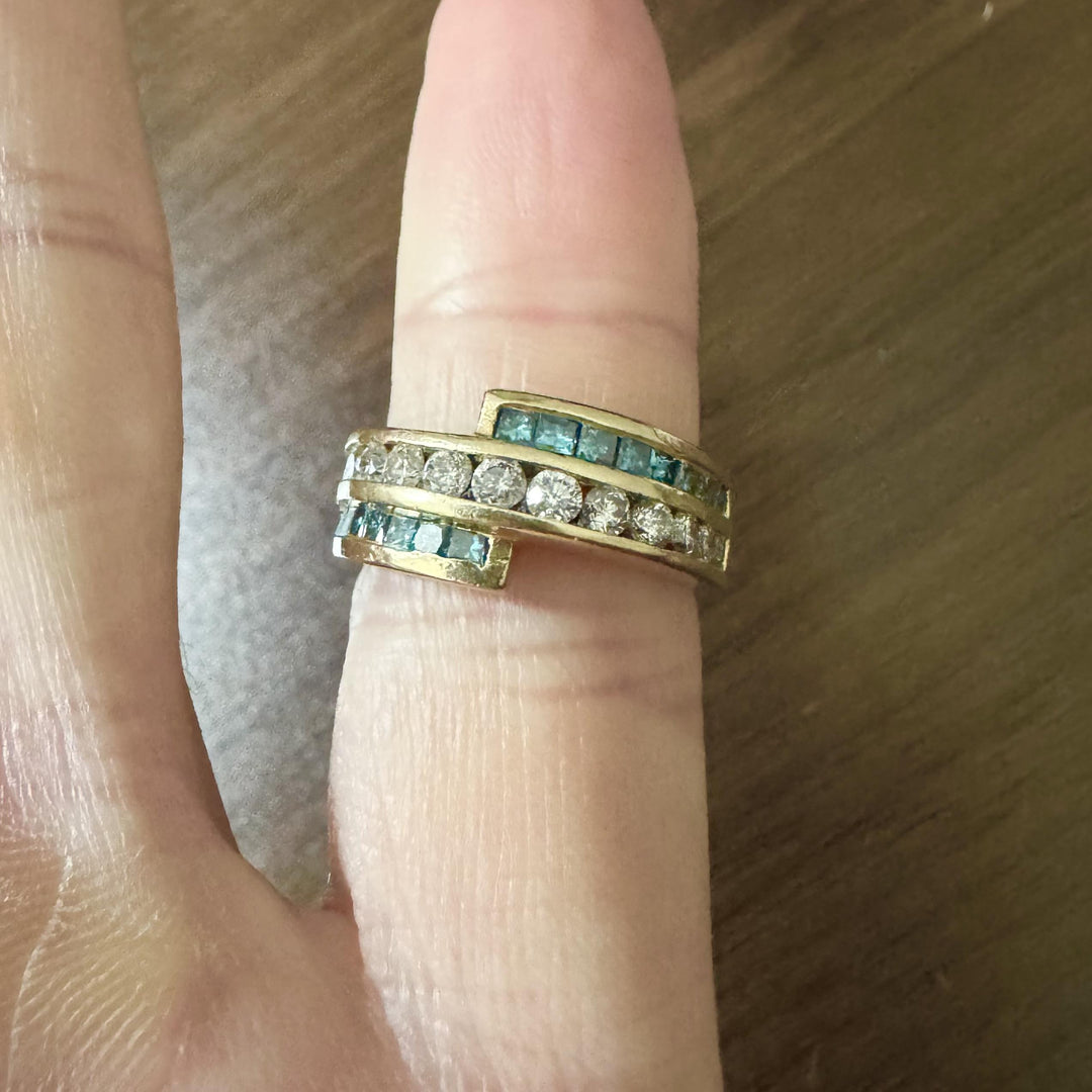 14k Yellow Gold 1.5cttw White and Blue Diamond Bypass Ring Size 6