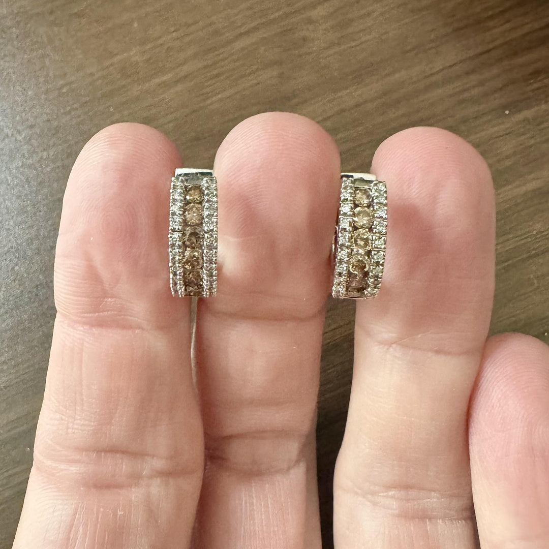 14k White Gold and 1cttw White and Chocolate Diamond Huggie Earrings